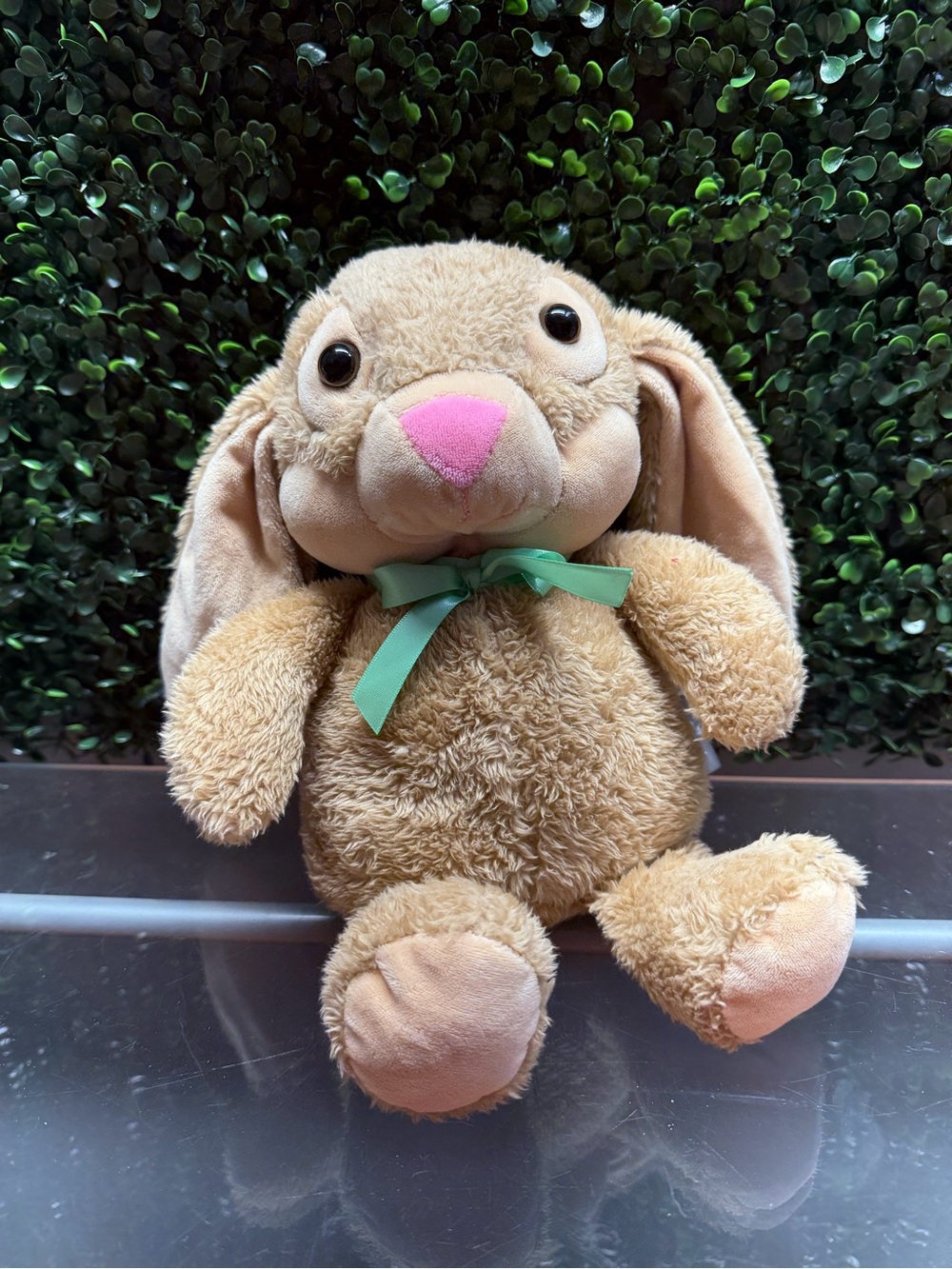 Hallmark Tan Bunny Plush with Pink Nose and Green Bow